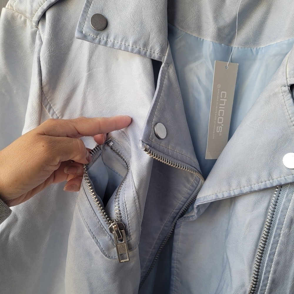 Chico's Jacket 3 Light Blue Faux Leather Zip Cafe Racer Motorcycle Biker Women 3 - Picture 10 of 12